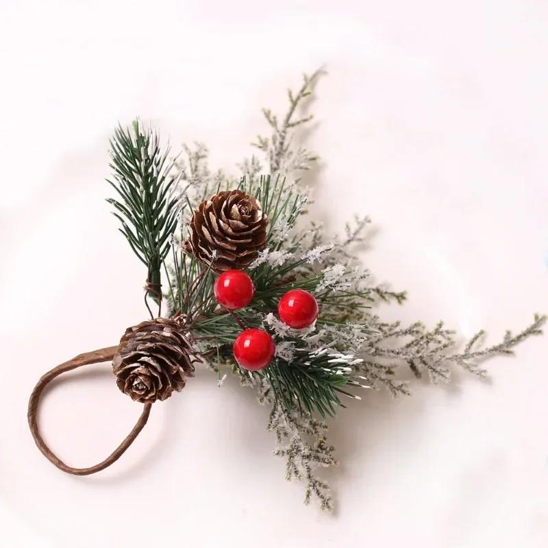 3pcs/6pcs Christmas Bouquet Napkins Ring Western Restaurant Table Napkins Buckle Simulation Pine Cone Berries