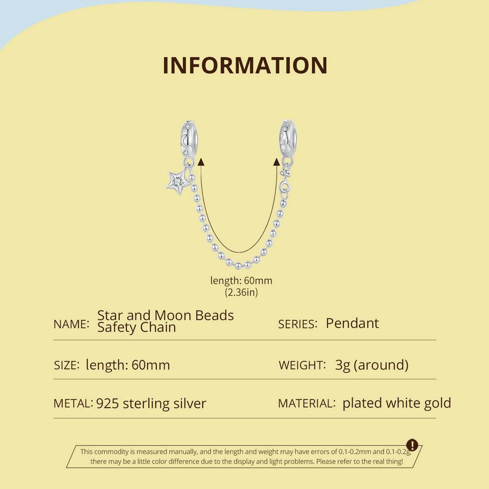 BAMOER 925 Sterling Silver Star and Moon Safety Chain Fit Bracelet for Women Gift Jewelry