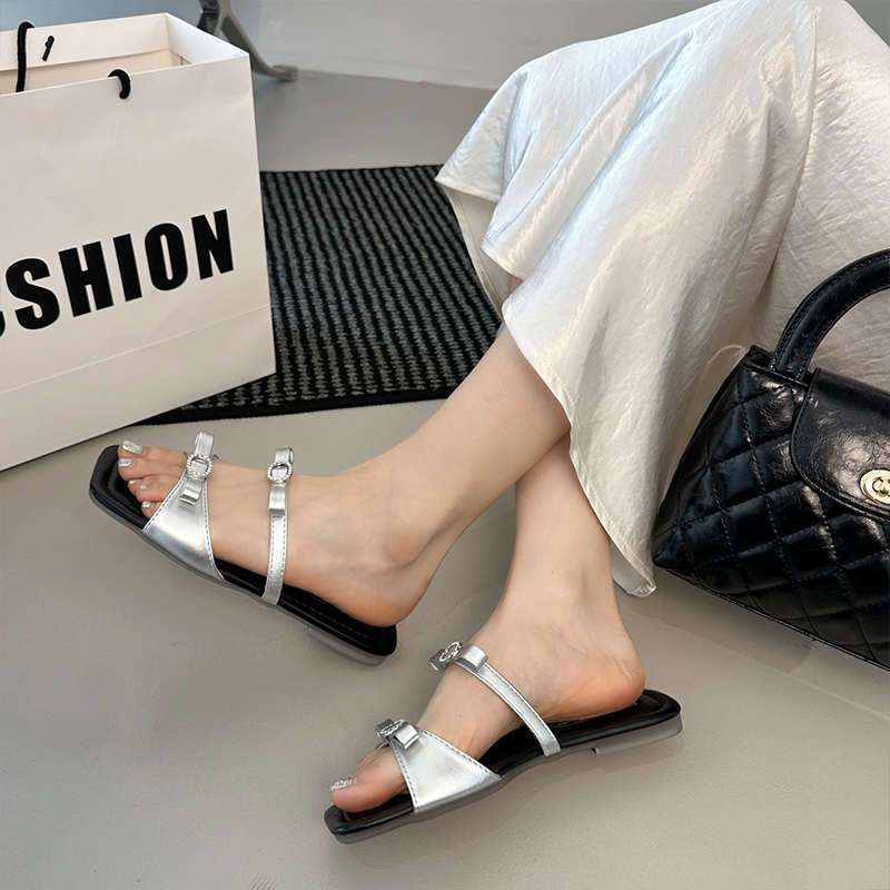2025 summer new outer wear beautiful square head open-toed cool slippers fairy bow word flat slippers woman