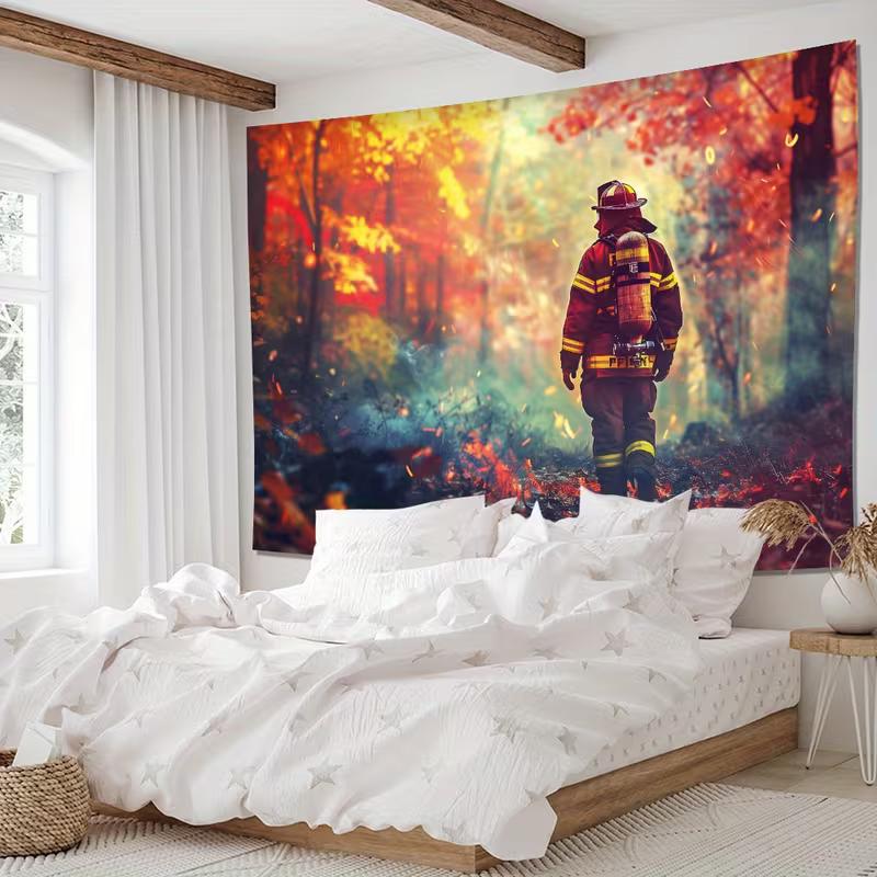 2D Fireman Hero Wall Tapestry, Wildfire Forest Rescue Scene Wall Art for Home Decor
