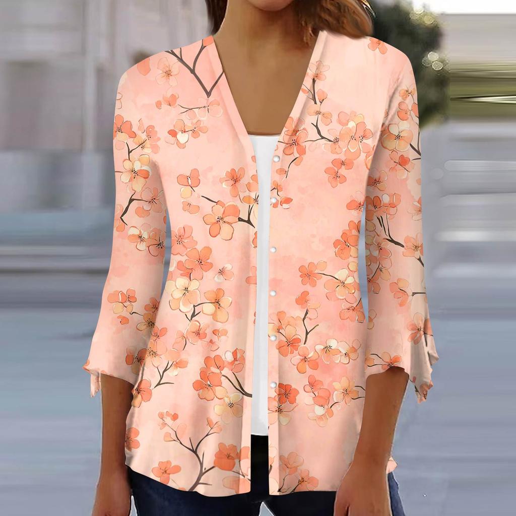 Women's Fashion Loose Casual Printed Seven-Part Sleeve Button Down Blouse Cardigan Top