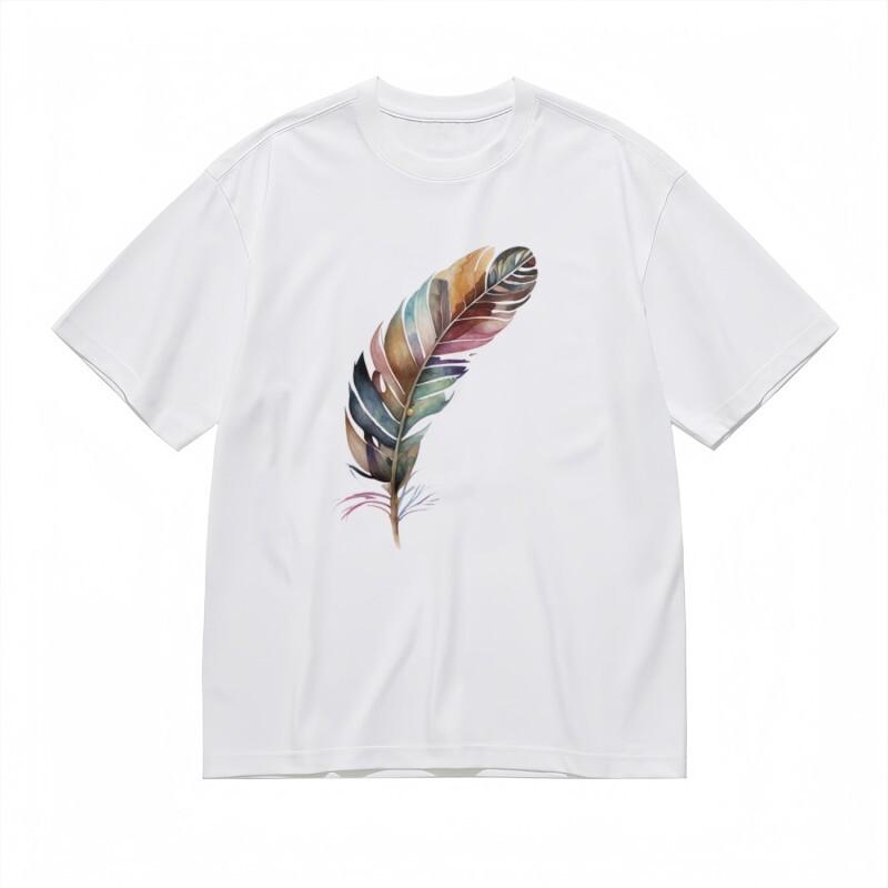 Fashion Classic T-Shirt Rainbow Feather Design Printed Tee White Tops