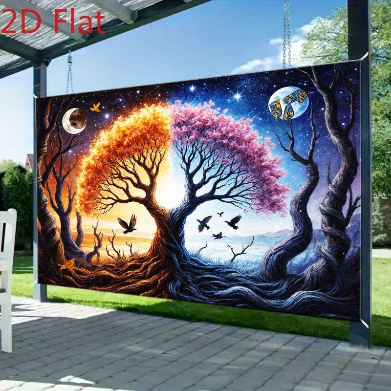 2D Plane Dreamy Division of the Tree Background Presenting a Warm Dusk and a Cool Night Sky Polyester Fiber