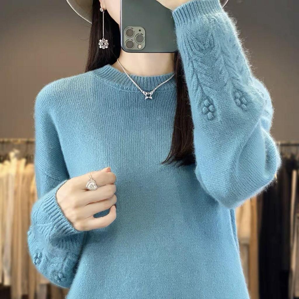 Rundhalspullover für Damen im Herbst und Winter, einfarbig, lockerer Jacquard-Pullover und Pullover mit weicher, klebriger Strickbasis
