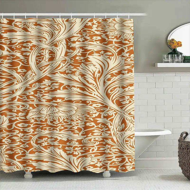 Vintage Floral Shower Curtain Waterproof Bathroom Decor Home Decoration Wall Hanging For Bathtub White On Rustic Orange