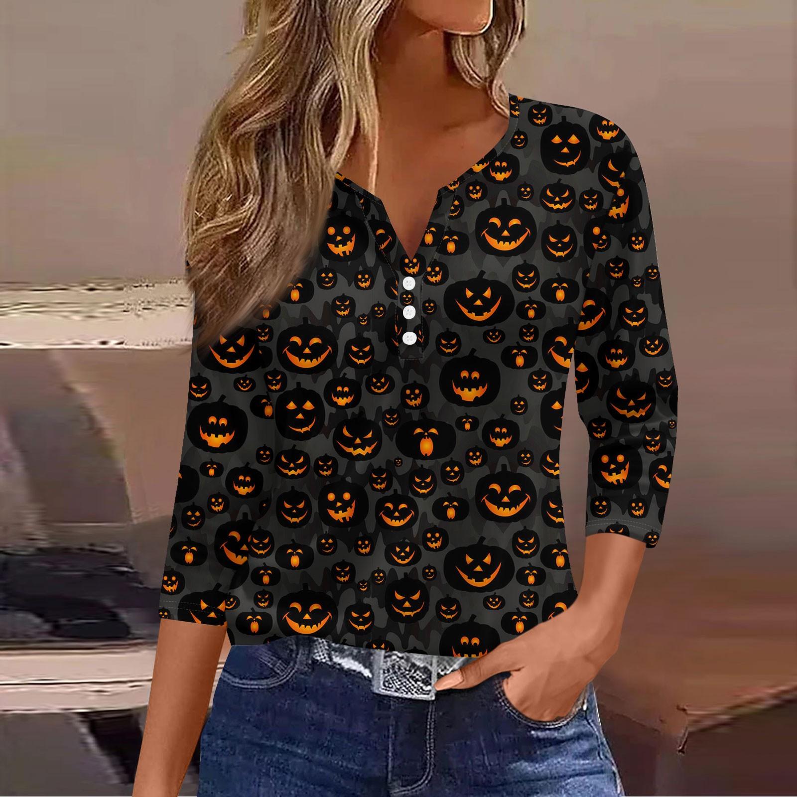 

3/4 Length Sleeve Womens Tops Halloween Print Vintage Fashion Casual Loose With V Neck Plus Size Shirts S