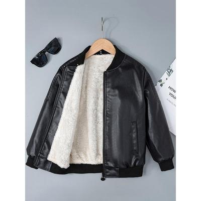 Kids Boys Autumn Winter PU Leather Fleece Lining Stand Collar Zipper Jacket