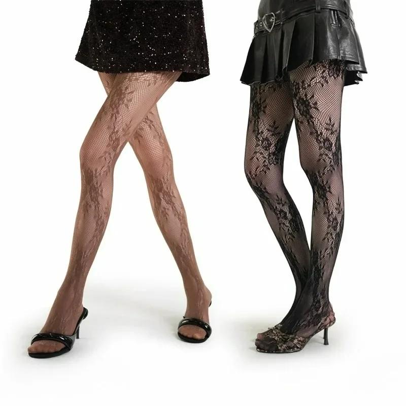Women Sexy Hollow Out Mesh Fishnet Pantyhose Lolita Sweet Girls Punk Style Floral Tights Colorful Thigh High Stockings Lingerie