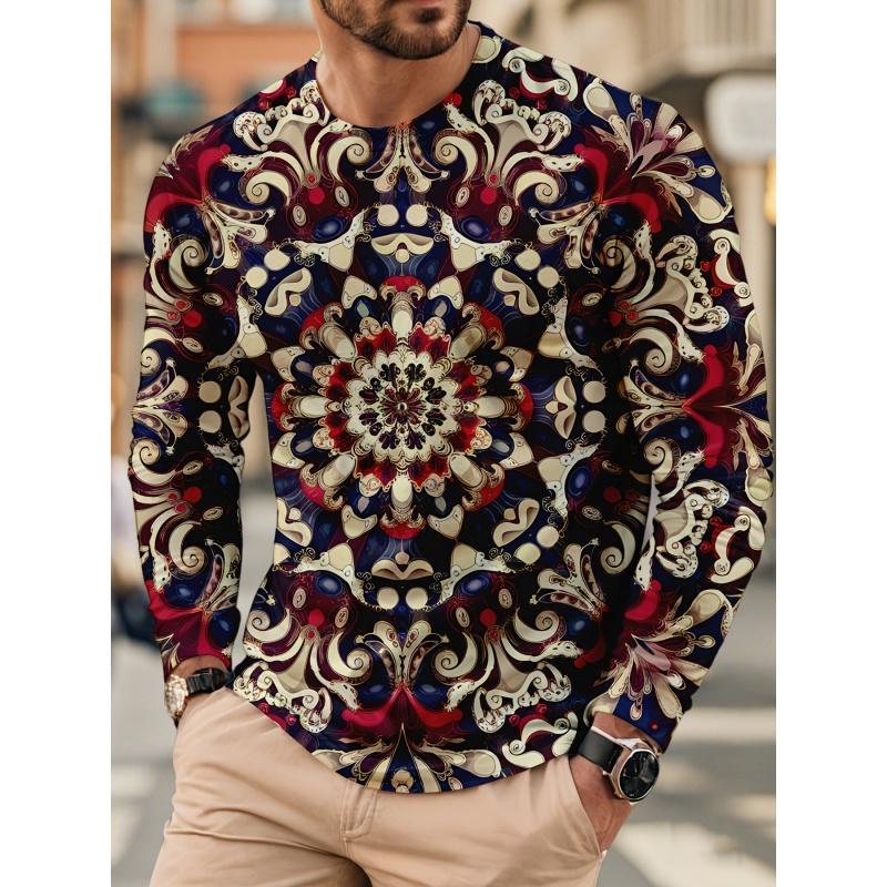 3D Print Colorful Luxurious T Shirt For Men Exquisite Pattern Tees Autumn Fashion Casual Long Sleeves O-Neck Tops Loose T-Shirts