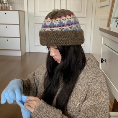 Hut Damen Winter Wolle gemischt Retro Strickwolle Bucket Hat Neu Vielseitig Jacquard Warm Topfhut