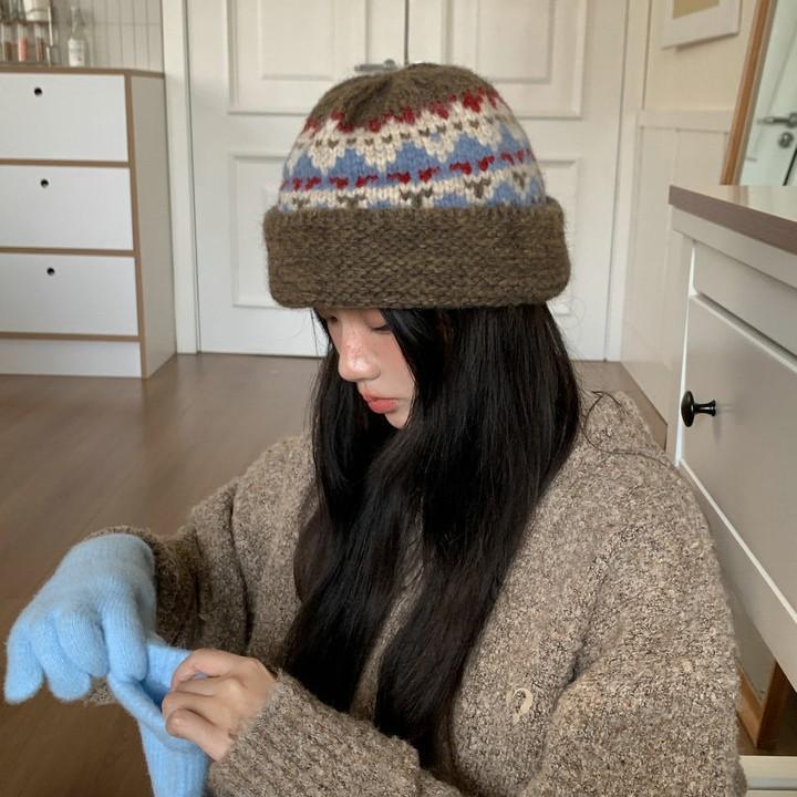 Hat Women's Winter Wool Blended Retro Knitted Wool Bucket Hat New Versatile Jacquard Warm Pot Hat