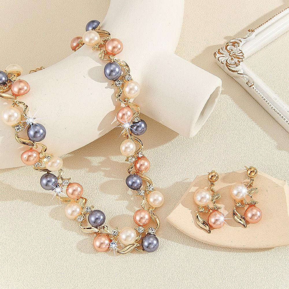 Leaf Colorful Pearl Necklace Rhinestone Necklace Earrings Set Luxury Pearl Necklace Women