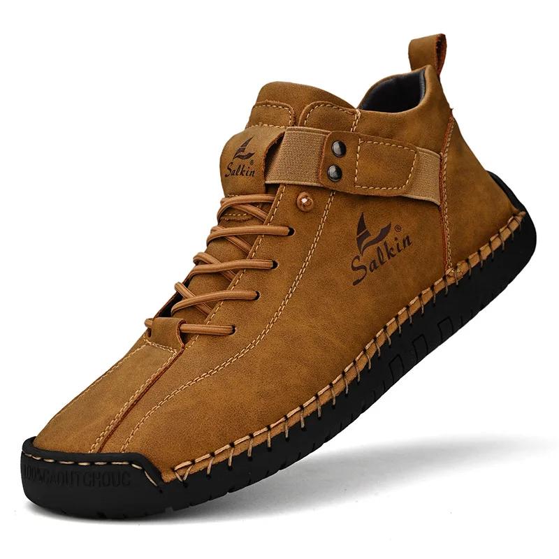 Fashion Winter New Men's Low-top Ankle Boots High Quality Hand-stitched Hook&loop Leather Casual Sneakers Classic Man Shoes Plus Size 48