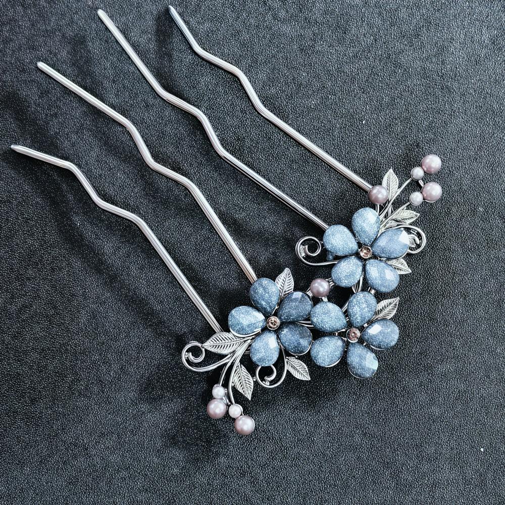 Elegant Blue Crystal Flower Hair Combs Pins Women Daily U-shaped Hairpin For Bun Hairstyle Female Hair Updo Pin Accessories Gift