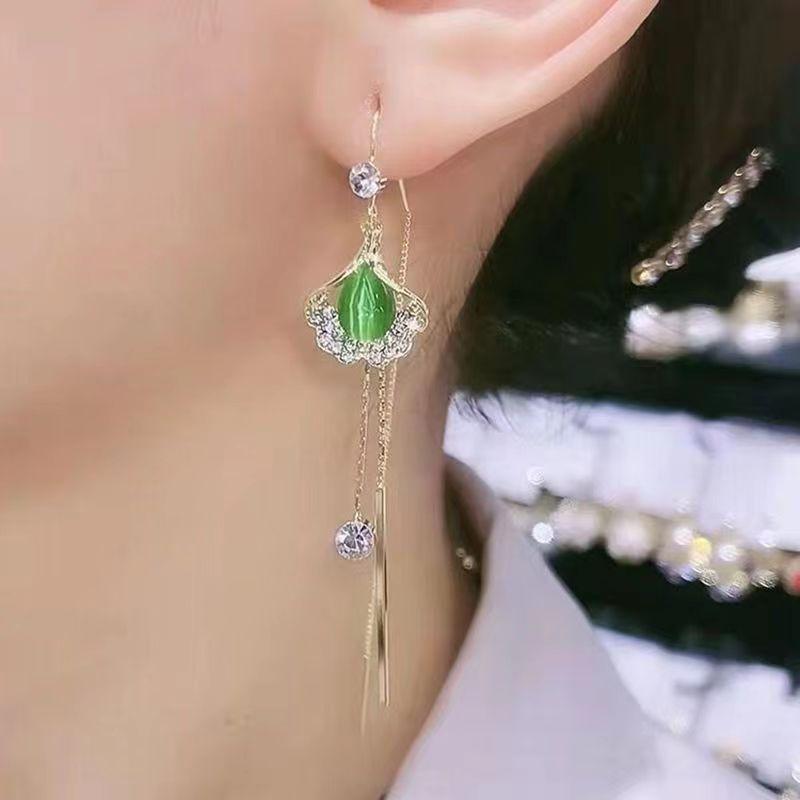 Green Cat Eye Stone Tassel Zircon Earrings