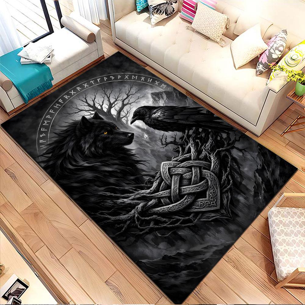Wolf and Raven Nordic Design Rug Patterned carpet, non slip mat suitable for living room and bedroom sofas