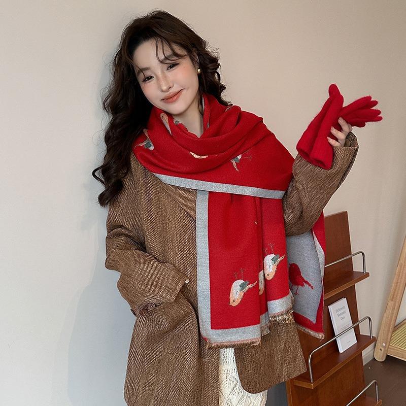 Red magpie scarf women's winter new high-end imitation cashmere thick shawl scarf new gift