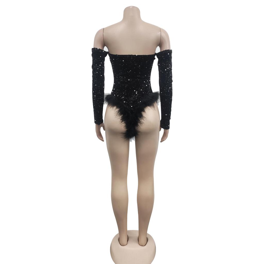 Sequined Long Sleeve Solid Color Jumpsuit with Shorts - Women's Fashion Europe America