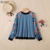 ZANZEA Women Casual Round Neck Floral Splice Long Sleeve Pullover Tops