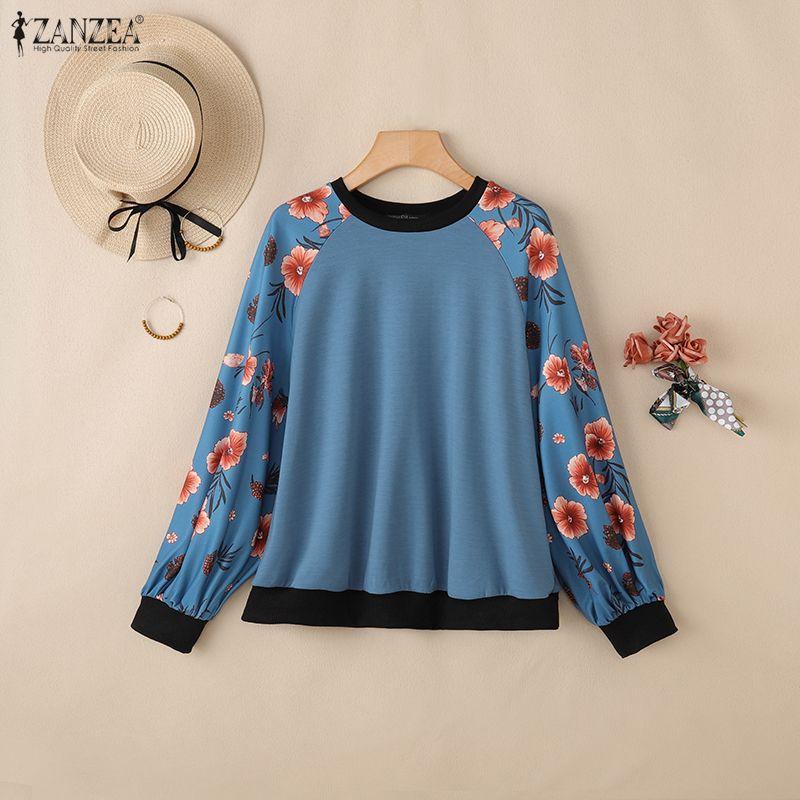 ZANZEA Women Casual Round Neck Floral Splice Long Sleeve Pullover Tops