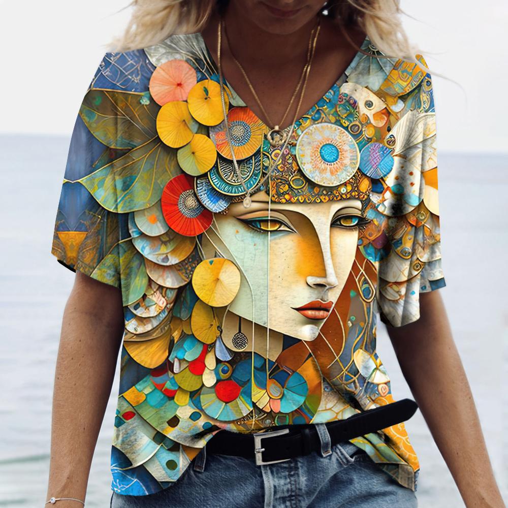Funny 3D Beauty Pattern Women's T-Shirts Fashion V-neck Short Sleeve Top Summer Street Hip Hop Tee Fashion Loose Female Clothing