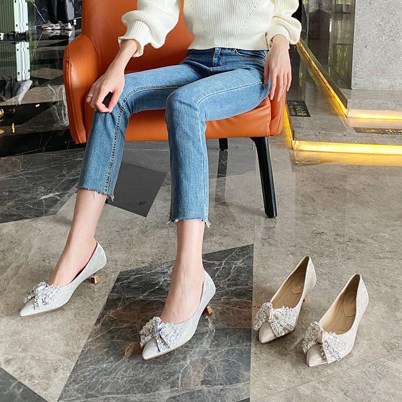 Fashion Crystal Rivets Bowknot High Heels Shoes Woman Pointed Toe Sequines Cloth Pumps Thin Heel Tacones De Mujer Bowknot Wedding Shoes