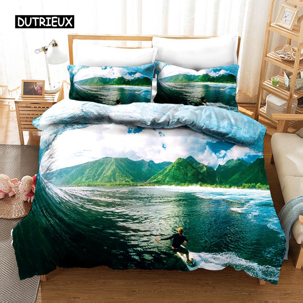 Surfing Duvet Cover Set Surfboards Youth Ocean Sport Theme Bedding Set For Teens Polyester Waves Surfing Ocean Queen Quilt Cover