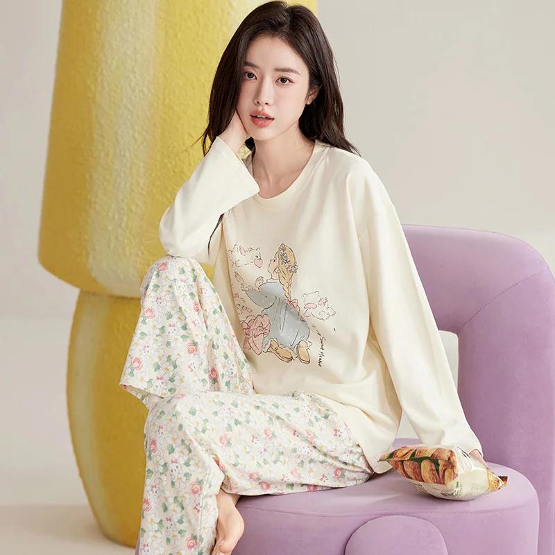 Niedliches Katzen-Pyjama-Set Damen Herbst Winter Langärmlig Lange Hose Nachtwäsche Weiche Pijamas Gemütliche Pyjamas Kawaii Nachthemd Mädchen