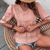 Women Casual Summer Short Sleeve V Neck Blouse Shirt Pink Cotton Linen