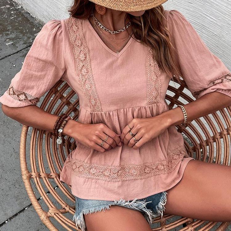 Women Casual Summer Short Sleeve V Neck Blouse Shirt Pink Cotton Linen