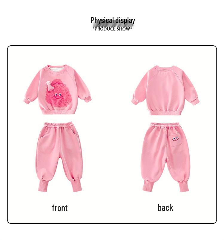 Girls' Little Monster Print Sweatshirt & Sweatpants Set - Spring/Autumn Casual Two-Piece Outfit