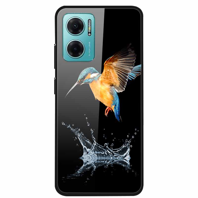 Case For Xiaomi Redmi Note 11E Luxury Tempered Glass Hard Back Cover For Redmi Note 11E Capa Shockproof Flower Funda Wolf Coque