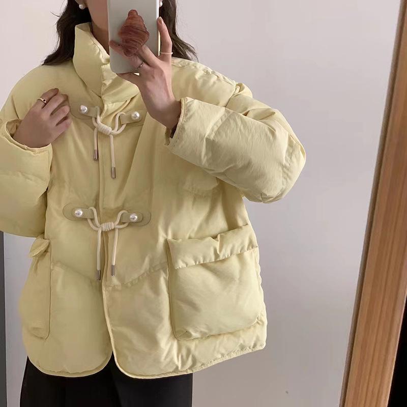 

Xiaoxiangfeng short down jacket women s winter new sweet stand-up collar temperament pearl horn buckle warm jacket M