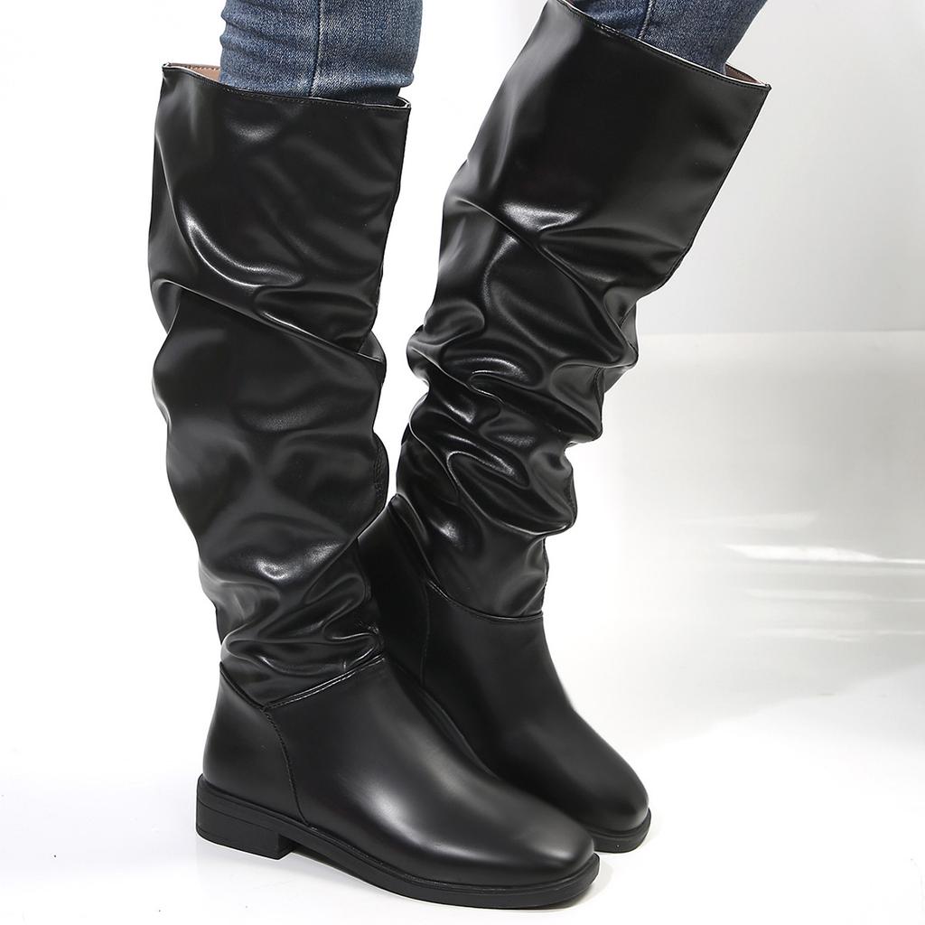 Women's Solid Color Comfortable Low Heels Fashion Pleated Knee-high Boots Round Head Square Heels Increase Large Size Women Shoe