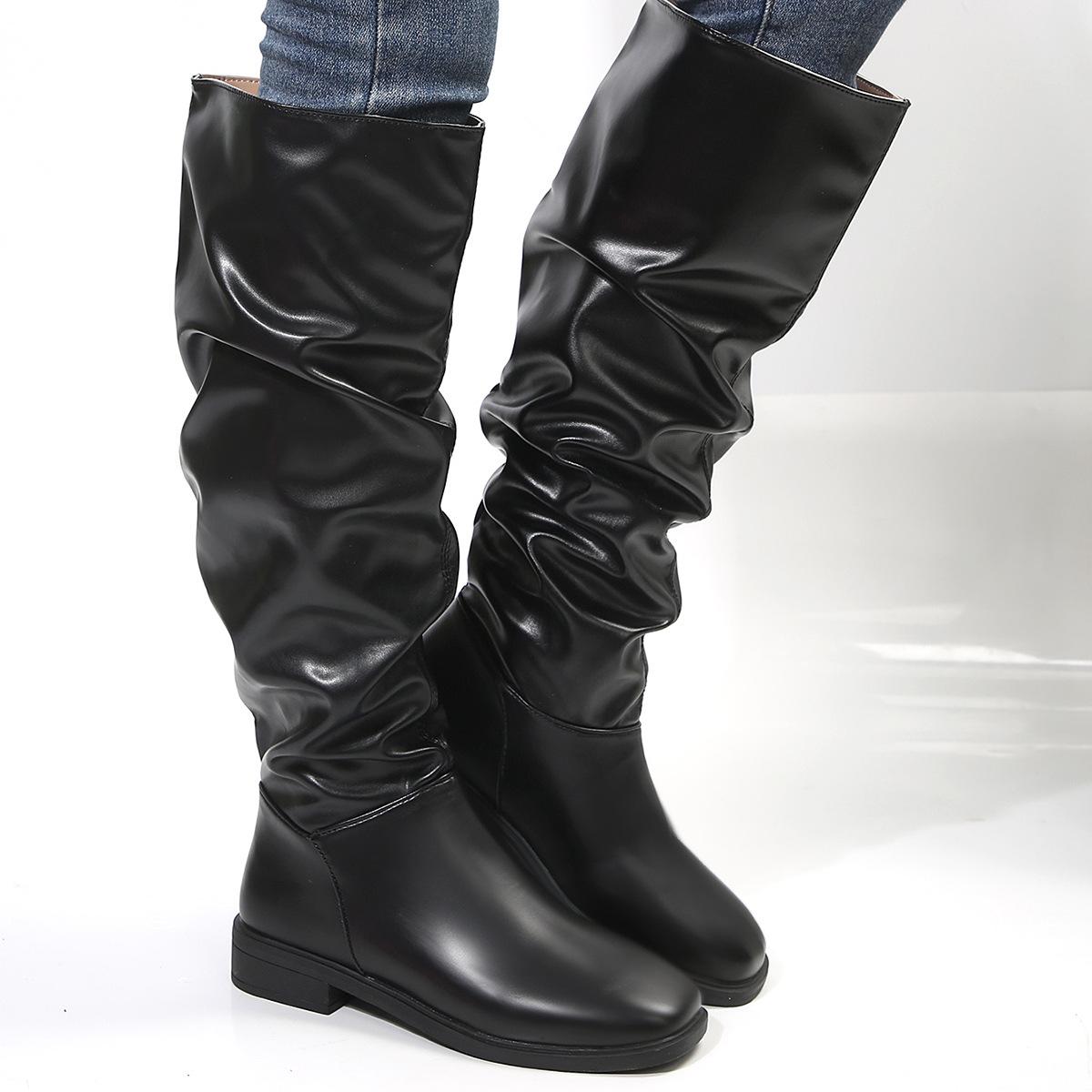 

Женские однотонные удобные туфли на низком каблуке, модные плиссированные ботфорты до колена, круглый носок, квадратный каблук, увеличивающий рост, большой размер женской обуви 41