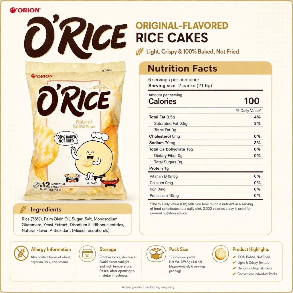 Orion Original‑Flavored Rice Cakes 129.6g Original‑flavor Crispy Rice Snacks