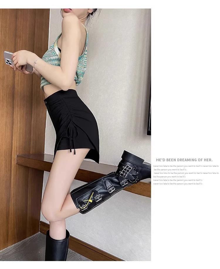 2024 Damen Schwarzer High Waist A-Linien Plissierter Kurzer Rock mit Kordelzug