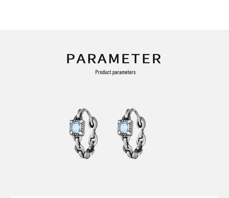 S925 Sterling Silver Sugar Cube Earrings with Personalized Blue Diamond Chain – Retro Distressed High-End Design