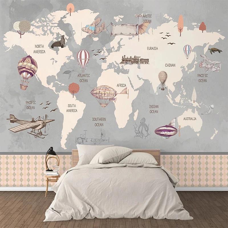 Retro World Map Large Mural Hand Painted Airplane Hot Air Balloon Children Room Boys Room Bedroom Photo Wallpaper Decor