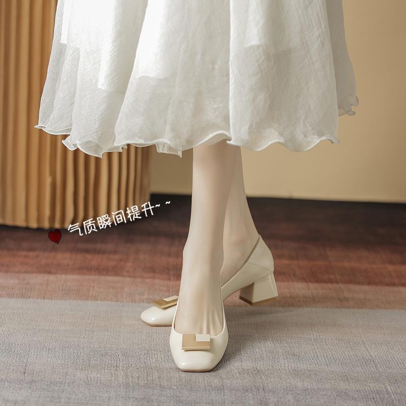 Leather women's shoes spring and autumn 2025 new temperament soft sole thick heel middle heel square head French shallow mouth single shoes high heels