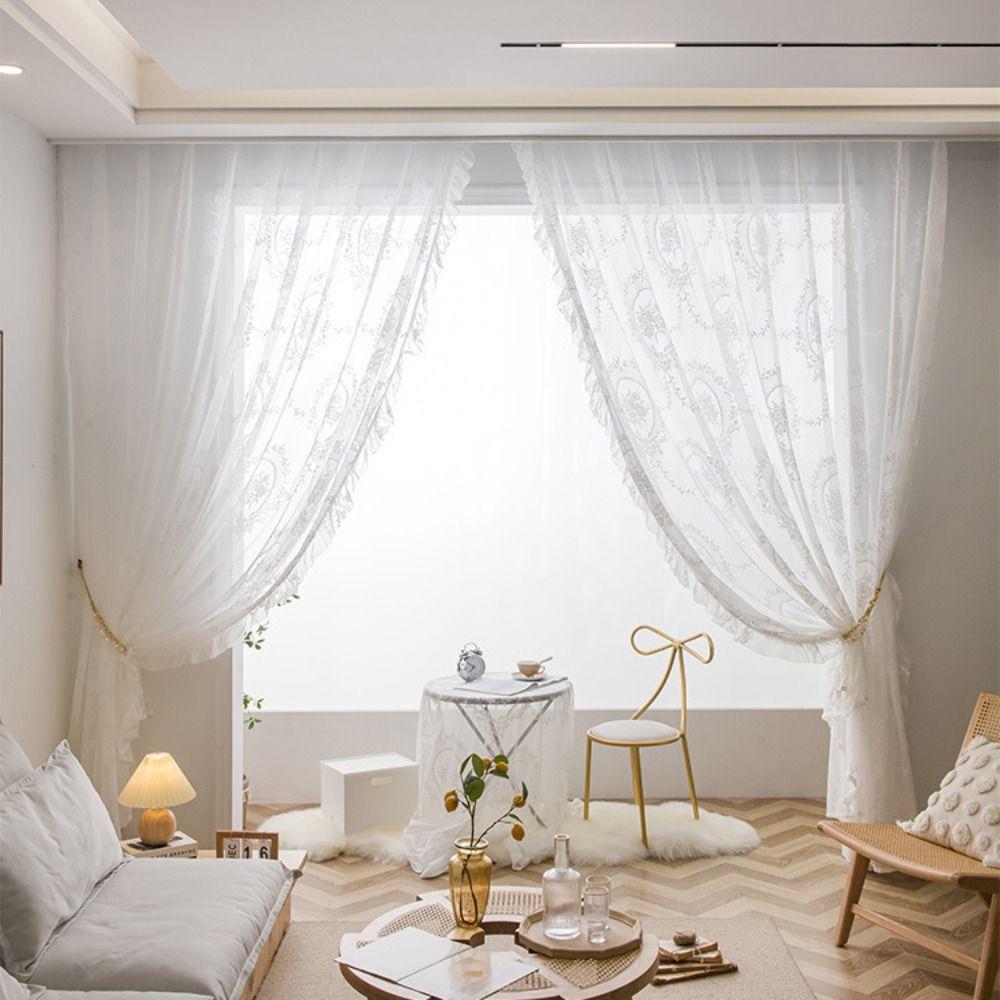 2 Pcs Ruffled Edge Gauze Curtain Retro Lace Sheer Curtain Romantic French Lace Floral Curtain  Door