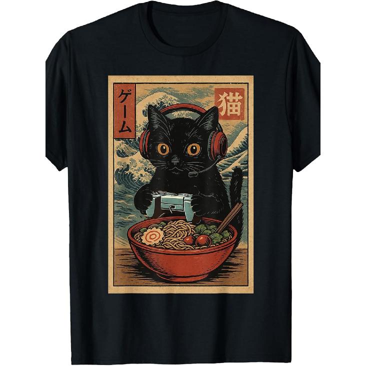 Cute Kawaii Gamer Cat Funny Ramen Retro Japanese Cat Gaming T-Shirt S чёрный