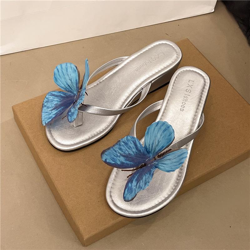Fashion Butterfly Flip Flops 2025 Summer New 5cm Wedges High-heeled Shoes for Women Fashion Mixed Color Outside Wear Slides Laides Shoes