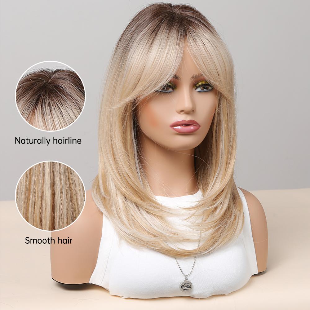 Synthetic Wigs Long Natural Wavy Wig Ombre Brown Golden Highlight Blonde Layered Hair with Side Bangs for Women Heat Resistant