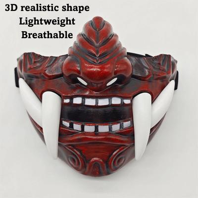 Realistic 3D Japanese Samurai Mask Fierce Teeth Breathable Halloween Cosplay Masks Lightweight Fang Mask Clothing Accessories