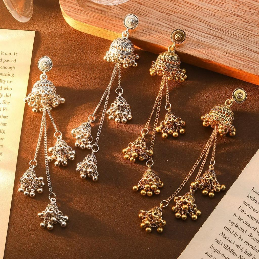 Bohemian Bells Long Fringed Chain Earrings Retro Ethnic Style Earrings High-End Earrings