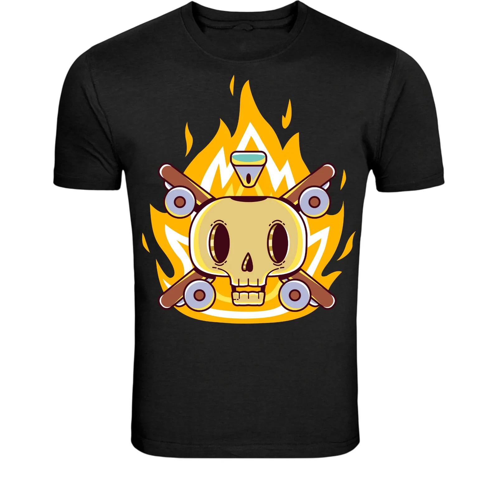 Flaming Skull Skateboard T-Shirt - Extreme Skater Graphic Tee L