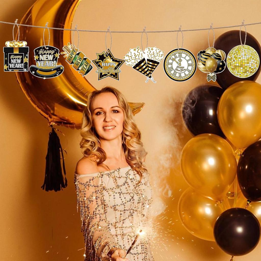 Lucleag 32Pcs Happy New Year 2026 Hanging Decorations, Black Gold Tree Ornaments New Years Hanging Ornaments for 2026 New Year Eve Party Supplies