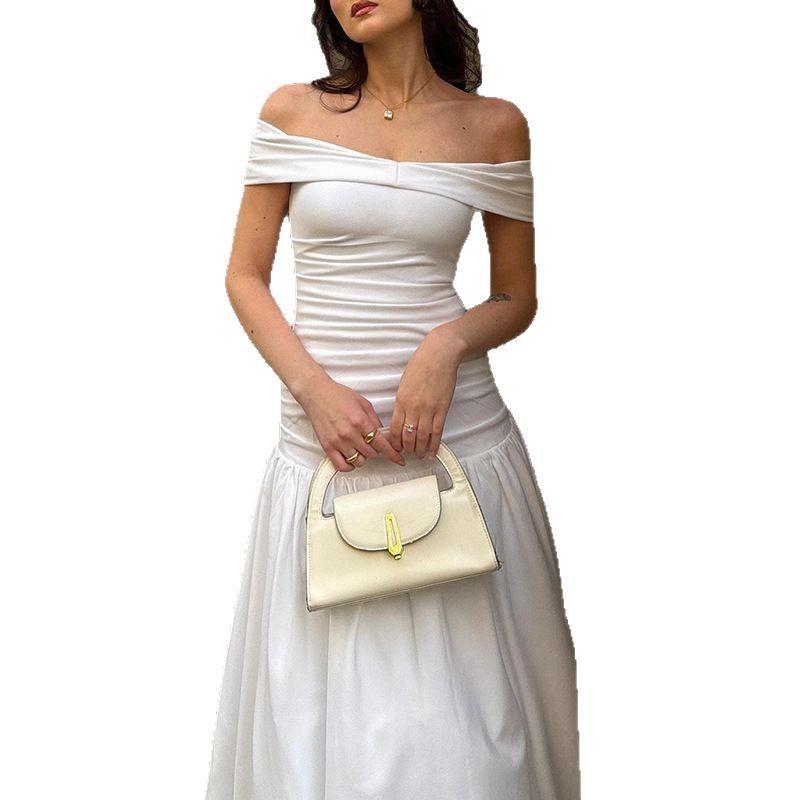 Spring New French INS Style Off-the-shoulder Temperament Thin Pleated Dress Elegant Style