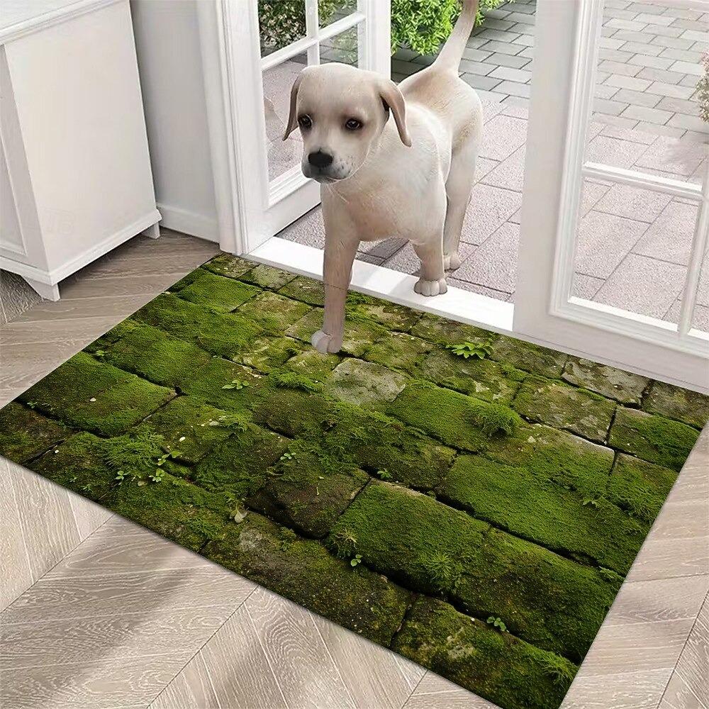 Doormat Green Moss on Stone Pavement Design Durable Slip-Resistant Mat for a Refreshing Outdoor Indoor Entryway Rug Door Mat